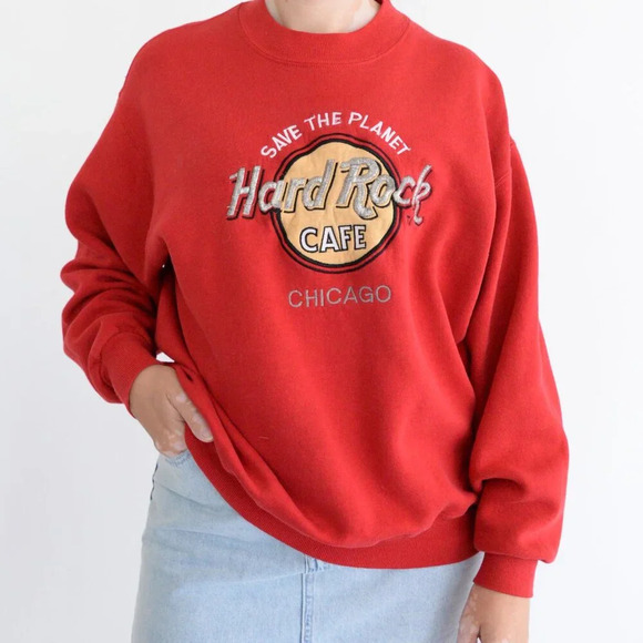 Vintage Jerzees Red Embroidered Hard Rock Chicago Crewneck Sweater XL - Picture 1 of 12